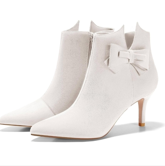 Ermonn Pointed Toe Bow Ankle Boots Faux Suede Stiletto Heels Side Zipper Booties - Picture 1 of 4